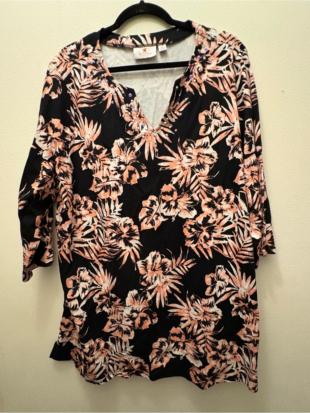 V-Neck Floral Tunic Top by Sag Harbor - Black with Peach Floral